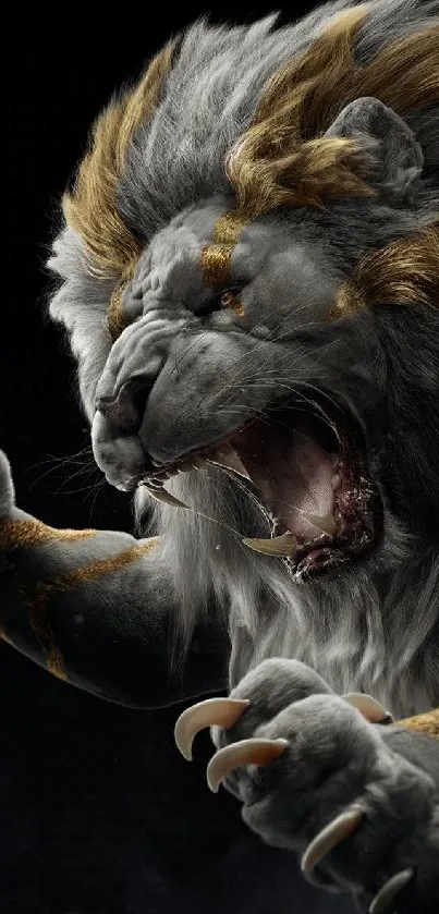 Majestic dark lion roaring with power.