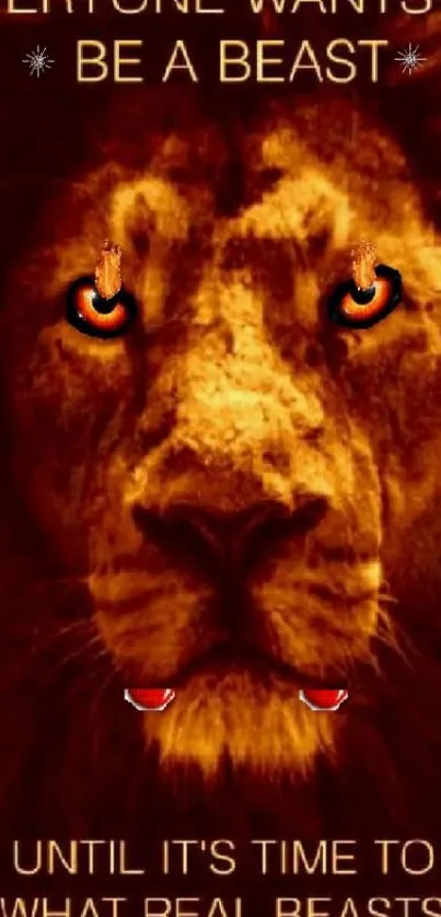 Fiery-eyed lion with motivational quote.