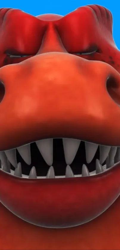 Red dinosaur face with sharp teeth on a blue sky background.