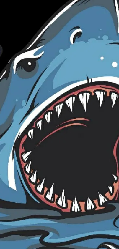 Cartoon shark with open jaws in blue ocean theme.