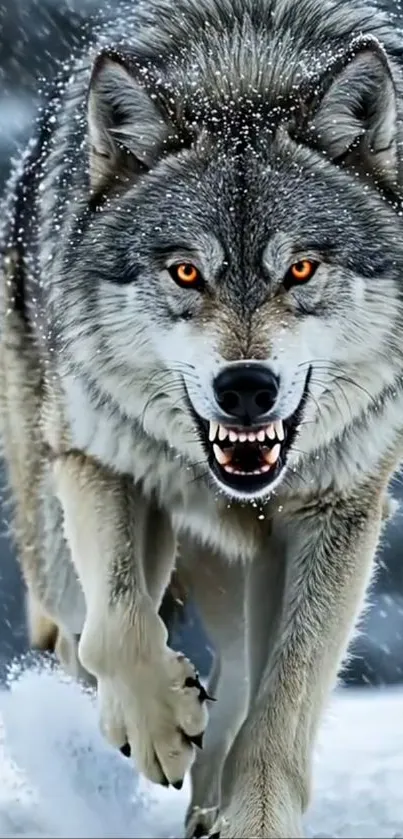Ferocious wolf in snowy landscape with intense gaze.