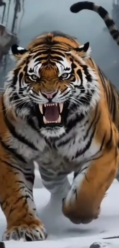 Ferocious tiger charging through snowy landscape.
