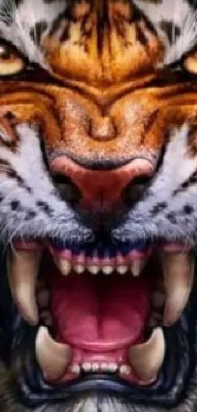 Roaring tiger close-up wallpaper with intense colors.