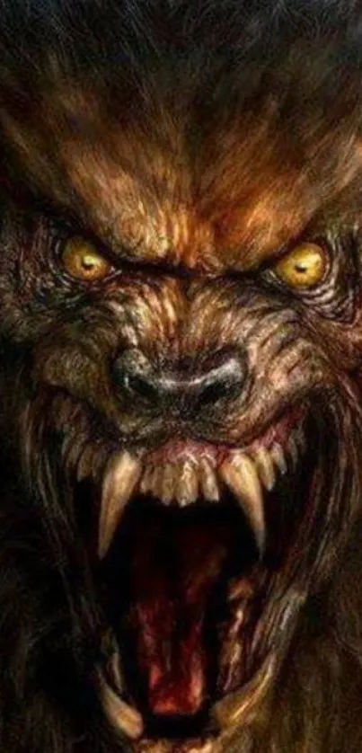 Ferocious werewolf snarling with sharp teeth and glowing eyes.