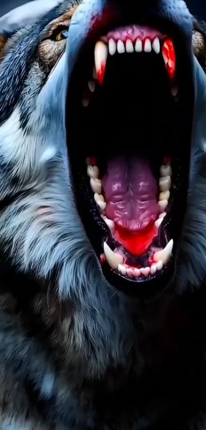 Fierce wolf howling in moonlight with open mouth
