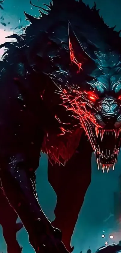 Ferocious wolf with glowing red eyes in urban fantasy setting.