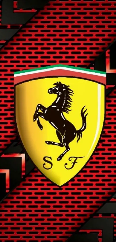 Ferrari logo wallpaper with yellow shield and red background.