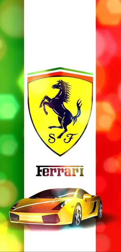 Ferrari logo with yellow sports car on mobile wallpaper.