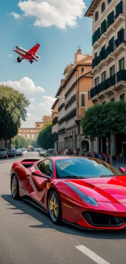 Red Ferrari on a European street with a plane overhead.