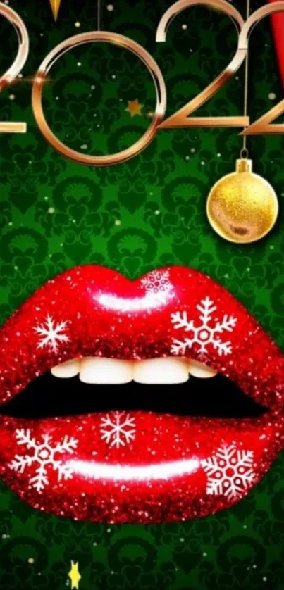 Festive 2022 wallpaper with red lips, snowflakes, and holiday decor.