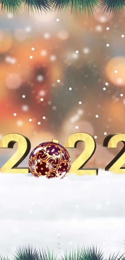 Festive 2022 holiday wallpaper with snowflakes and bokeh lights.