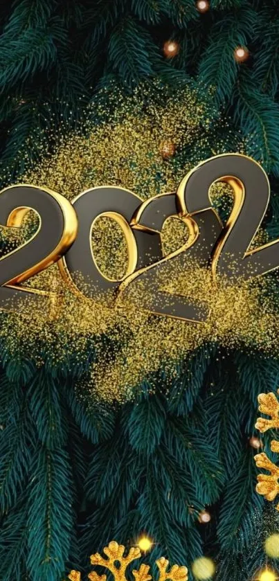 Golden 2022 on dark green pine branches wallpaper.