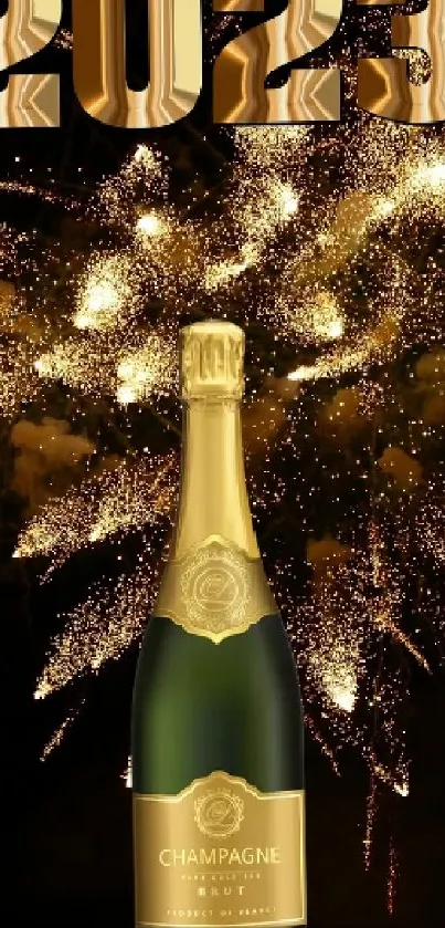 2023 celebration wallpaper with gold fireworks and champagne bottle.