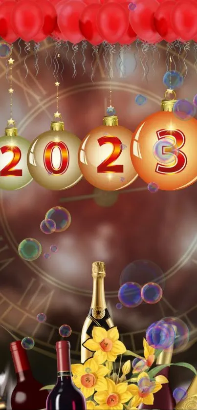 Festive New Year 2023 wallpaper with balloons, bottles, and clocks.