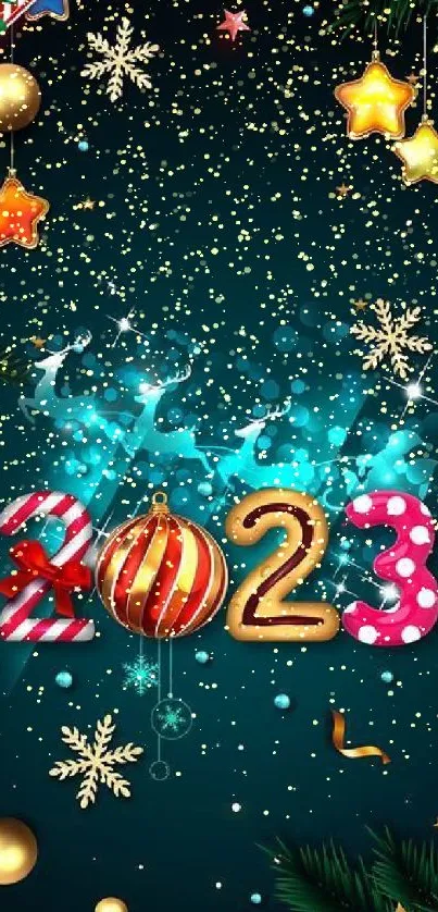 Vibrant 2023 Christmas mobile wallpaper with festive decorations.