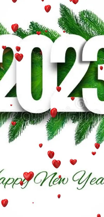 2023 New Year wallpaper with green pine and festive decorations.