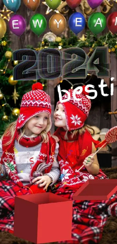 Festive 2024 New Year wallpaper with friends celebrating.