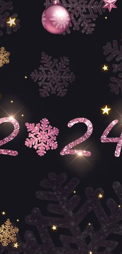 2024 festive wallpaper with glittery snowflakes and stars on a dark background.