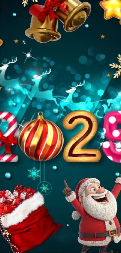 Vibrant 2025 Christmas wallpaper with Santa and festive designs.