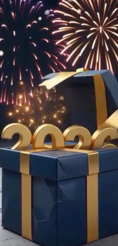 Gift box with 2026 and fireworks in the background.