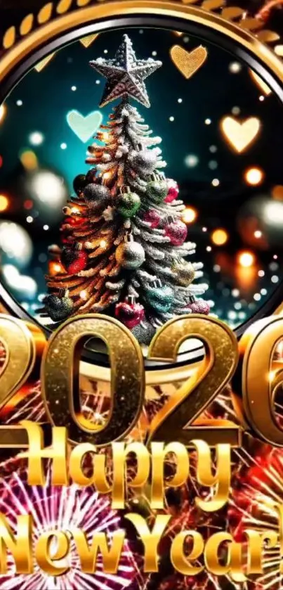 2026 New Year wallpaper with festive tree.