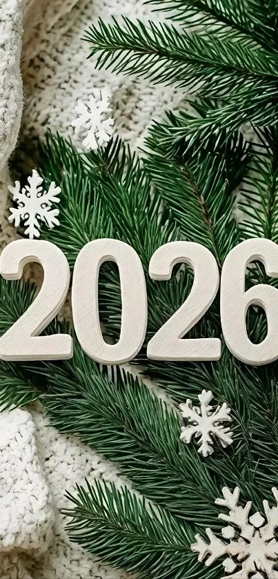 Festive 2026 wallpaper with pine branches and snowflakes