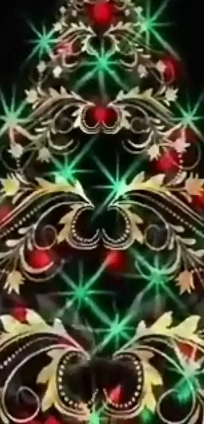 Abstract Christmas tree with vibrant colors on a black background.