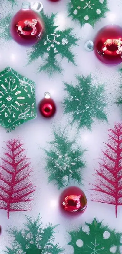 Festive wallpaper with red ornaments and green leaves for Christmas.