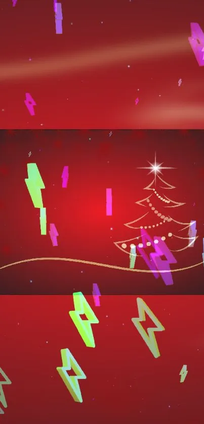 Abstract Christmas tree on vibrant red background with neon shapes.