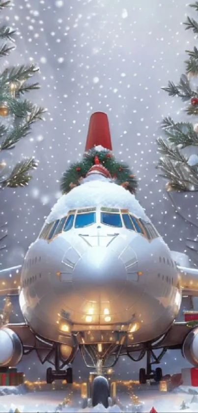 Snowy airplane adorned with Christmas decorations and gifts.