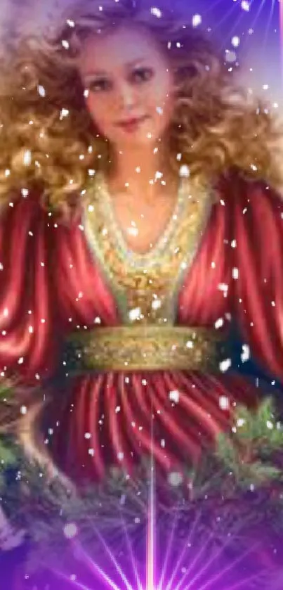 Festive angel in red gown with snowflakes on a mobile wallpaper.