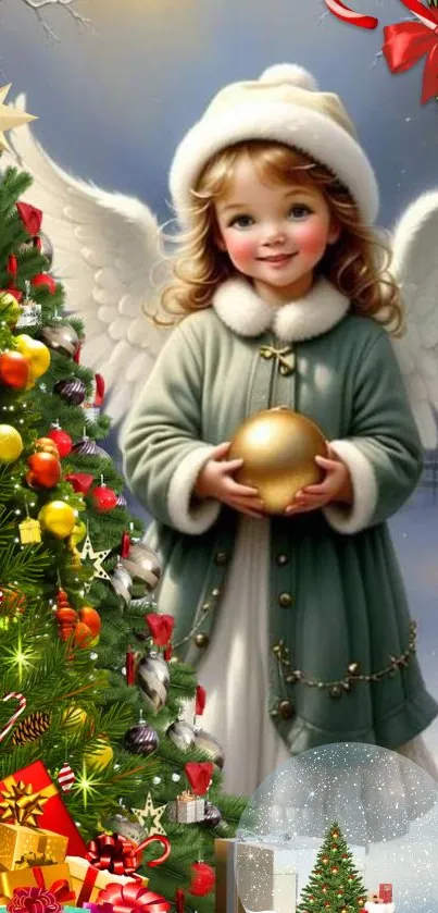 Angel in green coat with Christmas tree and gifts in snowy landscape.