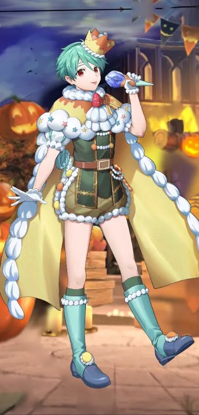 Festive anime character with a Halloween backdrop.