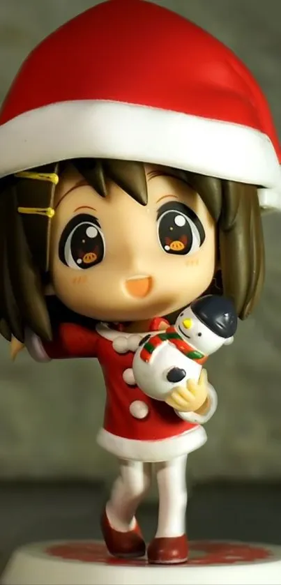 Festive anime character in Santa hat on gray background.