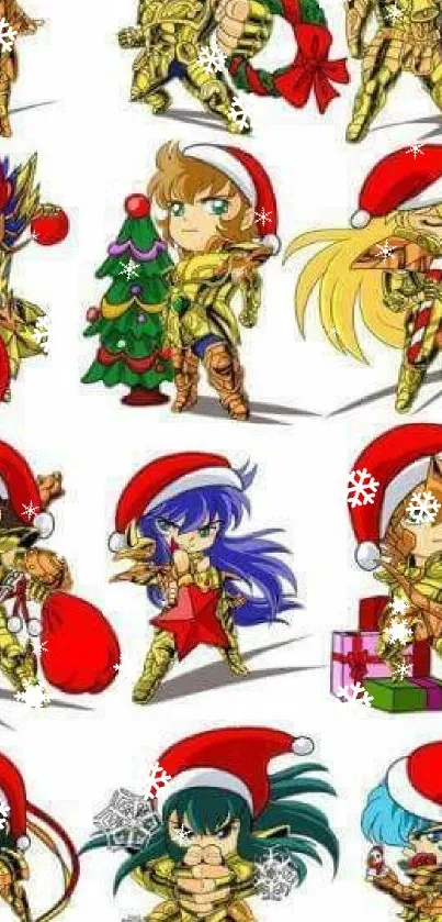 Festive anime chibi characters with holiday hats and decorations.