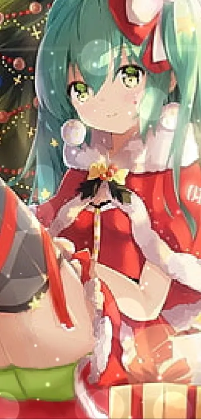 Anime Christmas scene with decorations and gifts, featuring an anime girl.