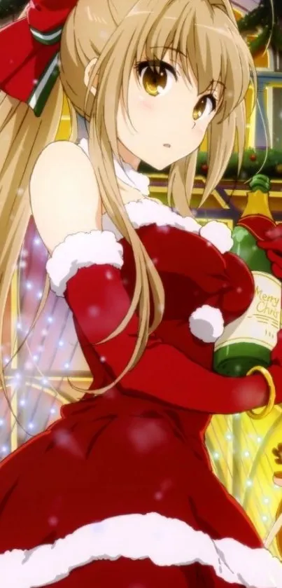 Festive anime girl in Santa outfit holding a bottle during Christmas.