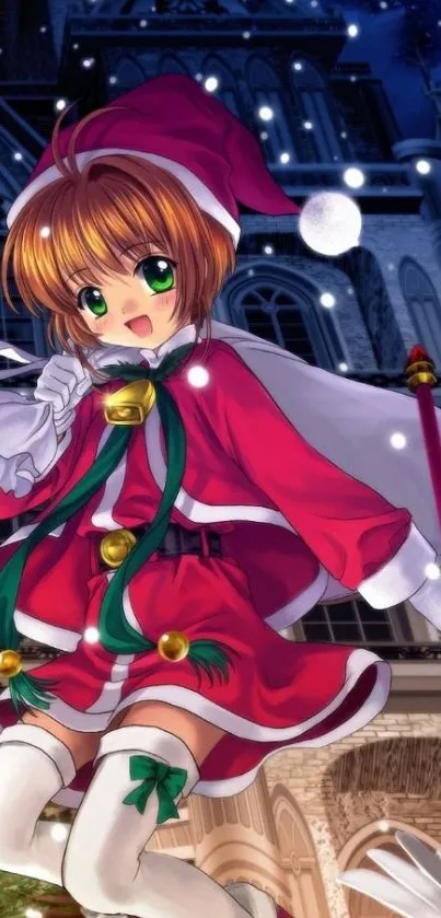 Anime character in red Santa outfit under starry sky.