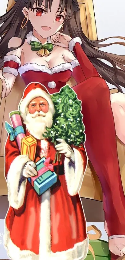 Anime character in Santa costume with vintage Santa illustration.