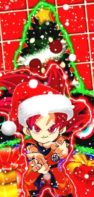 Anime character in Santa hat with gifts on a Christmas background.