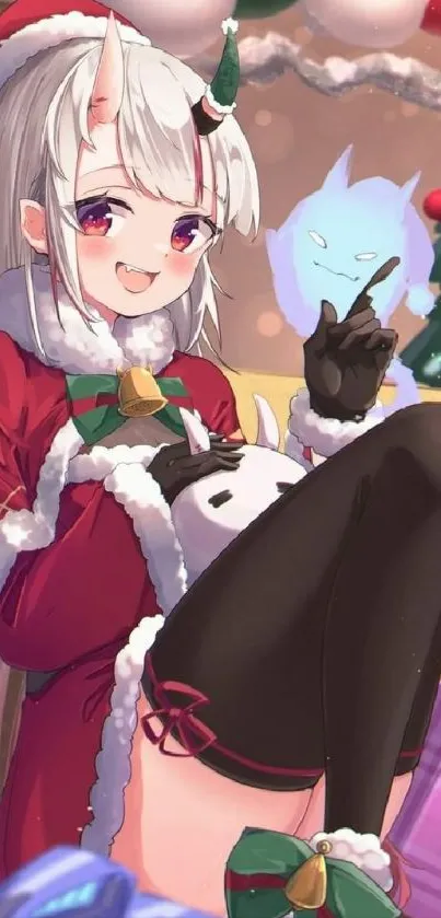 Festive anime character in Santa outfit with Christmas background.