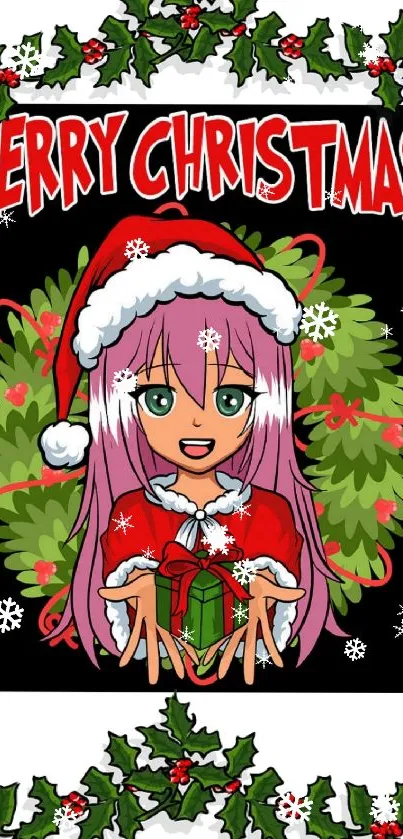 Anime character in Santa outfit with Christmas wreath background.