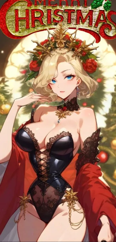 Anime character in Christmas attire with festive background.