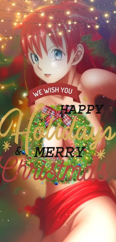 Anime Christmas wallpaper with festive decorations and text.