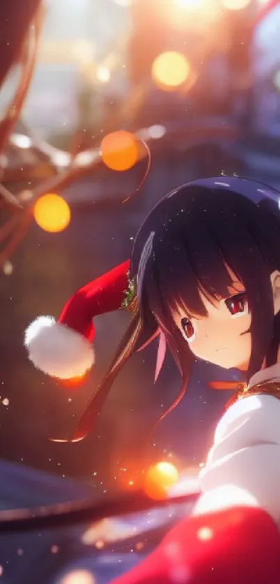 Anime girl in a Santa hat amidst festive, glowing lights for mobile wallpaper.