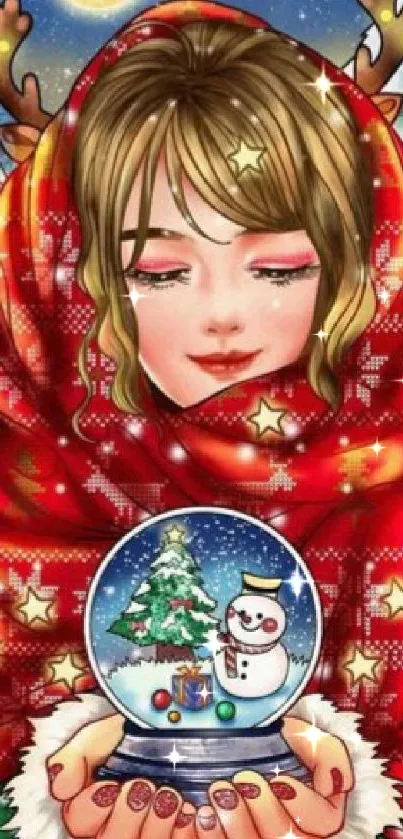 Festive anime girl holding a snow globe in a vibrant red scarf.