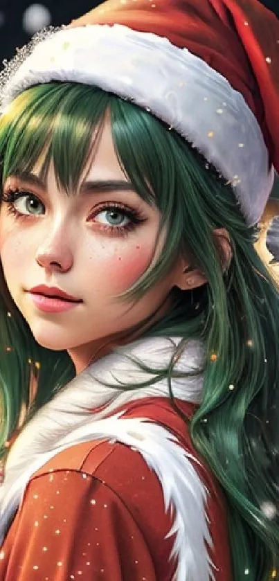 Festive anime girl with green hair in Santa hat, perfect for holiday wallpaper.