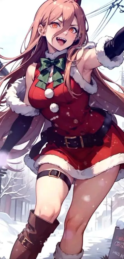 Festive anime character in a snowy setting, wearing holiday attire.