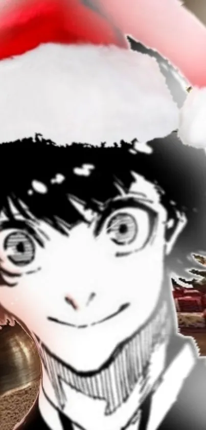 Anime character with Santa hat and holiday decor background.