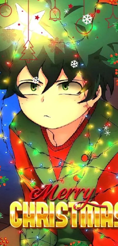 Anime Christmas wallpaper with festive lights and green hues.